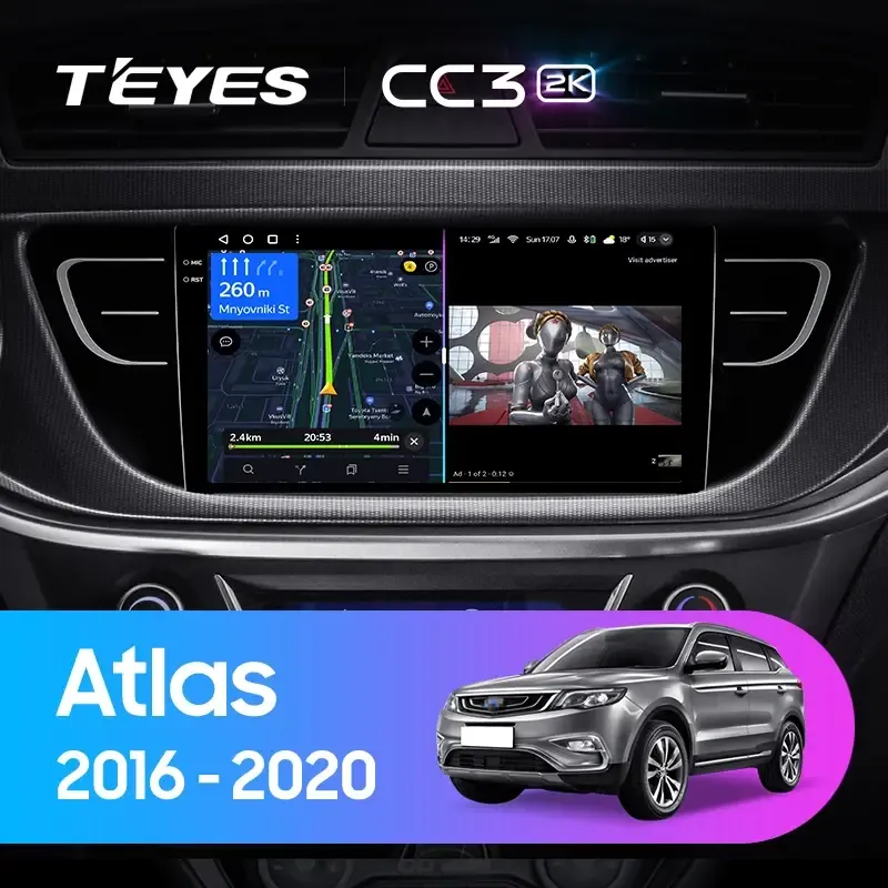 Комплект магнитолы TEYES CC3 2K 9.5" для Geely Atlas 2016-2020